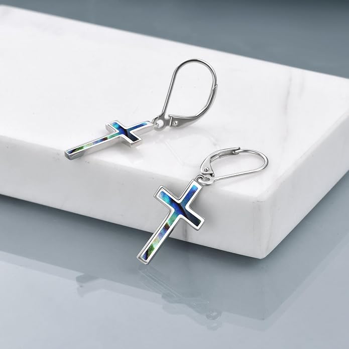 ONEFINITY Cross Earrings 925 Sterling Silver Leverback Cross Dangle Drop Earring Cross Religion Jewelry for Women Men