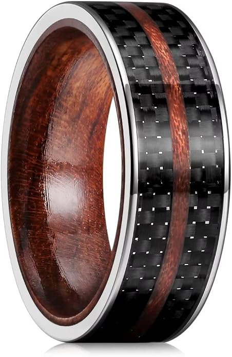 King Will 6/8mm Wedding Band for Men, Silver/Black Hammered Titanium Wedding Ring Inlaid Wood Inner Hole, Wedding Band for Men Matte Brushed Comfort Fit 7-14