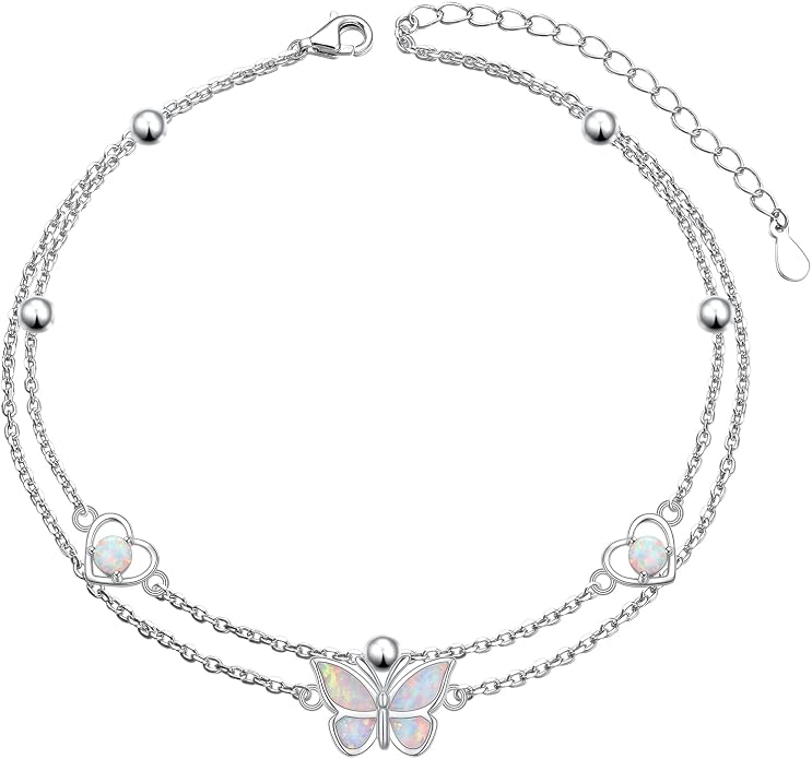 Flyow Anklet for Women S925 Sterling Silver Adjustable Foot Beaded Heart Charm Ankle Bracelet Anklets Jewelry