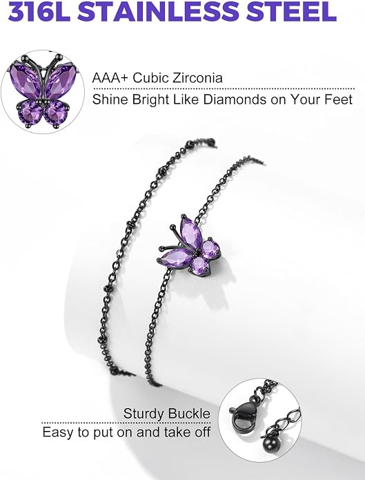 Richsteel Double Layer Heart/Butterfly Birthstone Anklet for Women Non Tarnish Waterproof, Silver/Gold/Black Stainless Steel 8.5-10.5 Inch Adjustable Chain Anklets Jewelry Gifts for Her