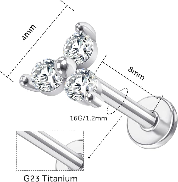 14K Yellow/White/Rose Gold Threadless Earring Top Push in 1 Pcs Triple Clear CZ Flat Back Nose Stud Threadless Cartilage Earring Helix Stud Tragus Piercing Jewelry for Women 6mm/8mm