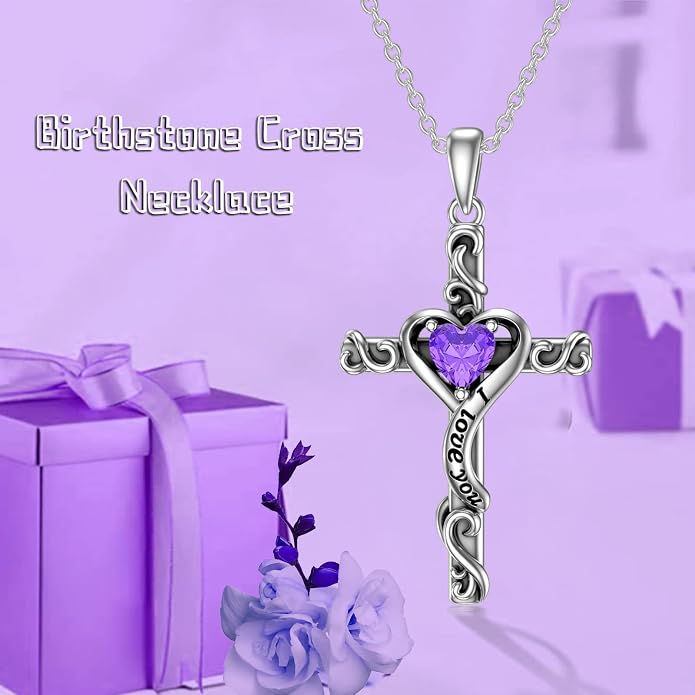 TOUPOP Cross Birthstone Necklace for Women 925 Sterling Silver Heart Cross Pendant I Love You Jewelry Anniversary Birthday Mothers Day Gifts for Mom Wife Her