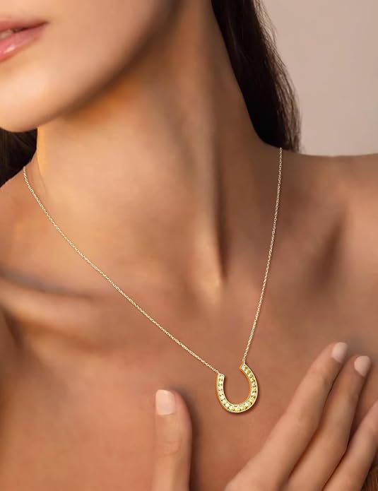 Luck Horseshoe Necklace 14K Gold Plated/Sterling Silver Created Gemstone Pendant with Chain Channel Set U Shaped Charm Necklace Birthstone Jewelry