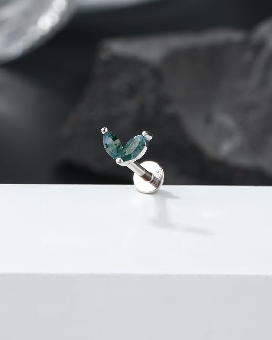 Jewseen Celtic knot&Butterfly Moss Agate Stud Earrings Dangle Internal Threaded Flat Back 16g 8mm Hypoallergenic 925 Sterling Silver Piercing Jewelry for Cartilage Lip Conch Tragus Helix