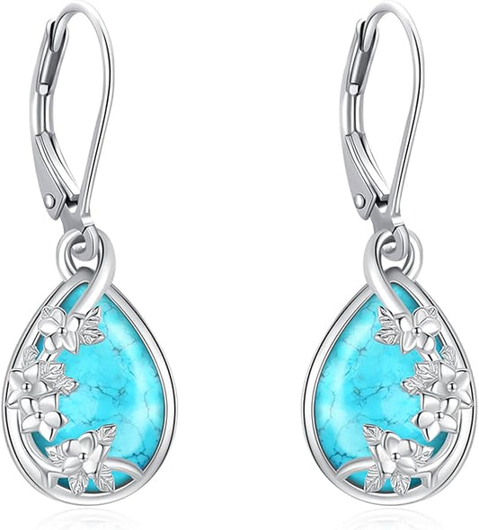 Black Cat/Turtle/Moonstone//Turquoise/Flower/Tree of Life Earrings Sterling Silver Cute Animal Leverback Dangle Earrings Jewelry Gifts