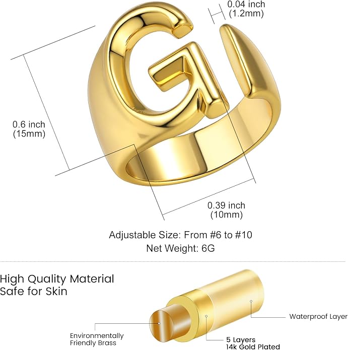 KeyStyle Bold Initial Letter Rings Adjustable, GoldChic Jewelry Women Gold Statement Ring Personalized Engraved Women’s Open Signet Ring for Party (Gold, White Gold, Black)
