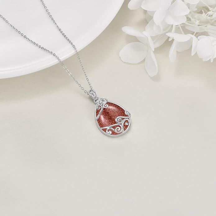YAFEINI 925 Sterling Silver Moonstone Necklace Filigree Teardrop Pendant Necklace Jewelry for Women Girls
