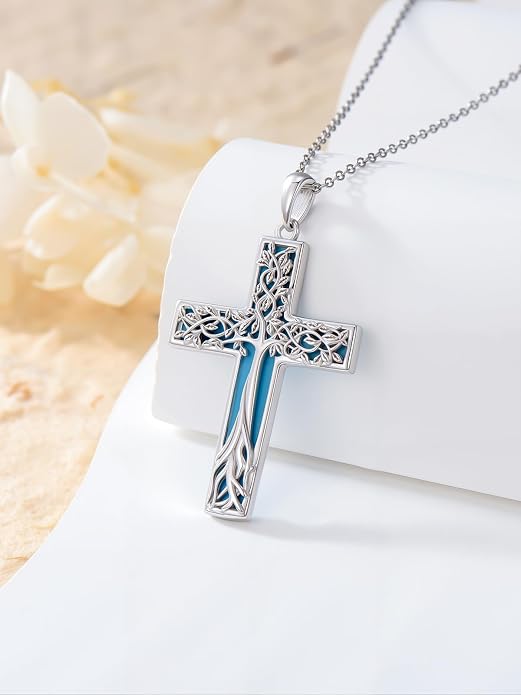 HPQQ Cross Necklace 925 Sterling Silver Turquoise Tree of Life Celtic Knot Cross Pendant Jewelry Mother's Day Gifts for Women