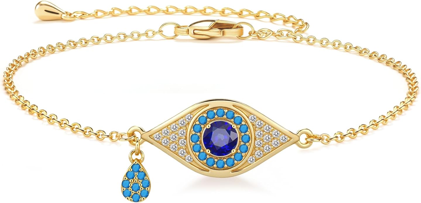 Evil Eye Bracelets for Women Gold Plated Dainty Chain Zirconia Turquoise Charm Adjustable Protective Lucky Link Bracelet Jewelry for Best Friends Sister Travel Birthday Just Because Gift