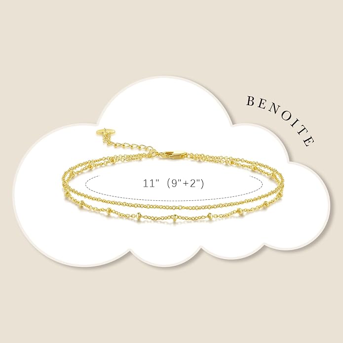 14K Gold Anklets for Women Gold Ankle Bracelets for Women Refined Dual-Chain Structure Womens Chain Anklet 11(9+2) Inches