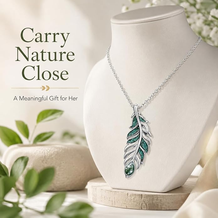 Feather Necklace White Gold Boho Jewelry Nature Inspired Statement Birthstone Pendant Gifts for Women