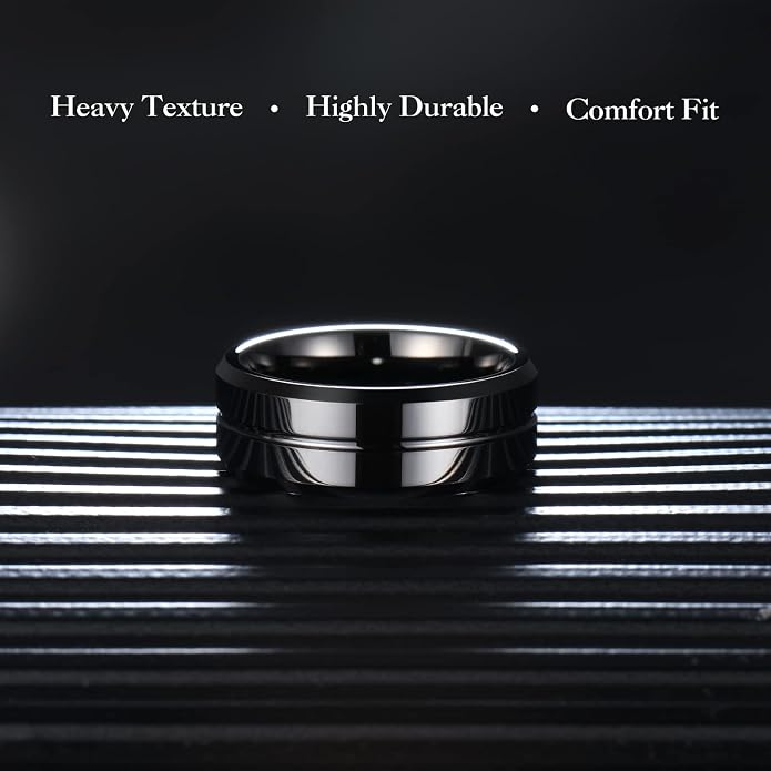 King Will Mens 8mm Rose Gold Groove/Gold Loop/Black Cross Groove Tungsten Carbide Wedding Ring Line Flat Pipe Cut Brushed Polished Comfort Fit 7-14
