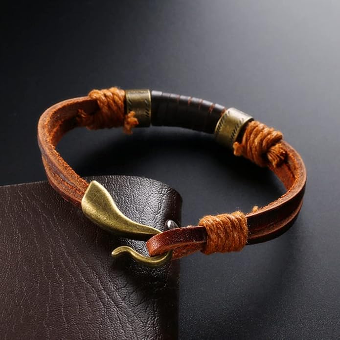 Mens Genuine Leather Bracelet - Handmade Adjustable Leather Cuff Bracelet punk Style leather wrap Wristband for Men