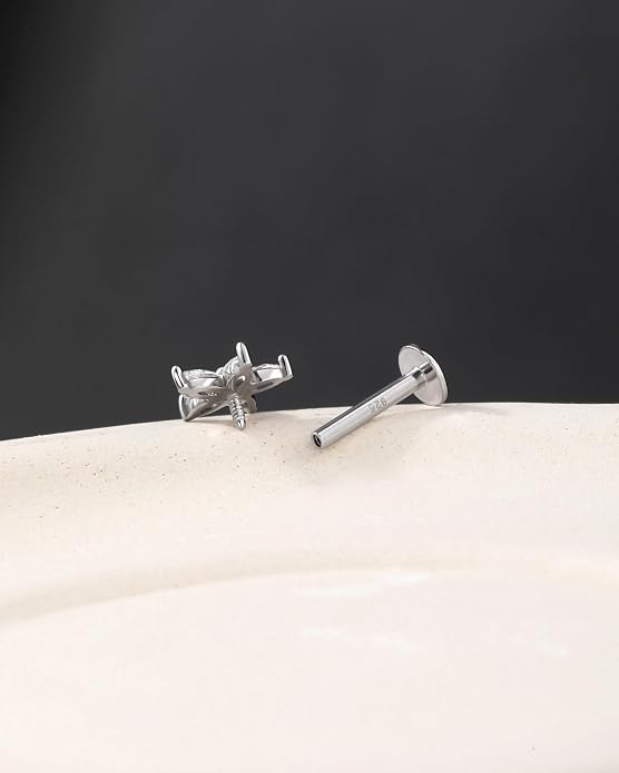 Jewseen 925 Sterling Silver Flat Back Stud Earrings 16g Internally Threaded Tragus Helix Earrings Flower Lip Stud Nose Piercing Jewelry for Women Men