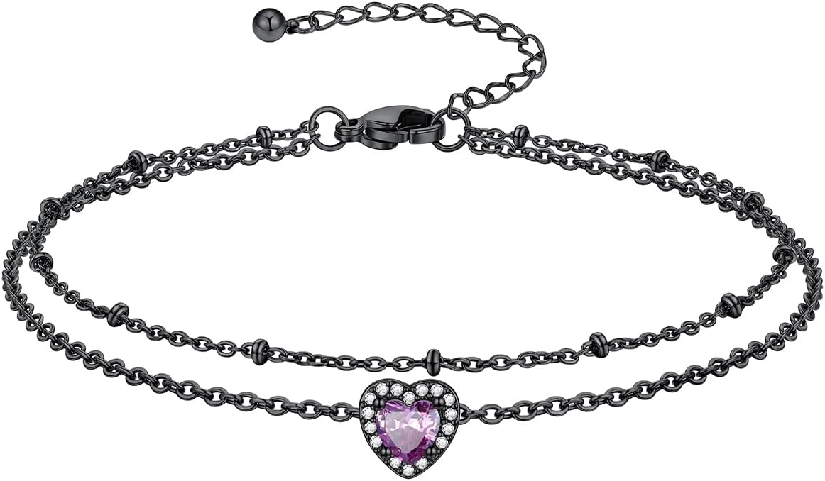 Richsteel Double Layer Heart/Butterfly Birthstone Anklet for Women Non Tarnish Waterproof, Silver/Gold/Black Stainless Steel 8.5-10.5 Inch Adjustable Chain Anklets Jewelry Gifts for Her