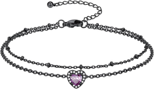 Richsteel Double Layer Heart/Butterfly Birthstone Anklet for Women Non Tarnish Waterproof, Silver/Gold/Black Stainless Steel 8.5-10.5 Inch Adjustable Chain Anklets Jewelry Gifts for Her