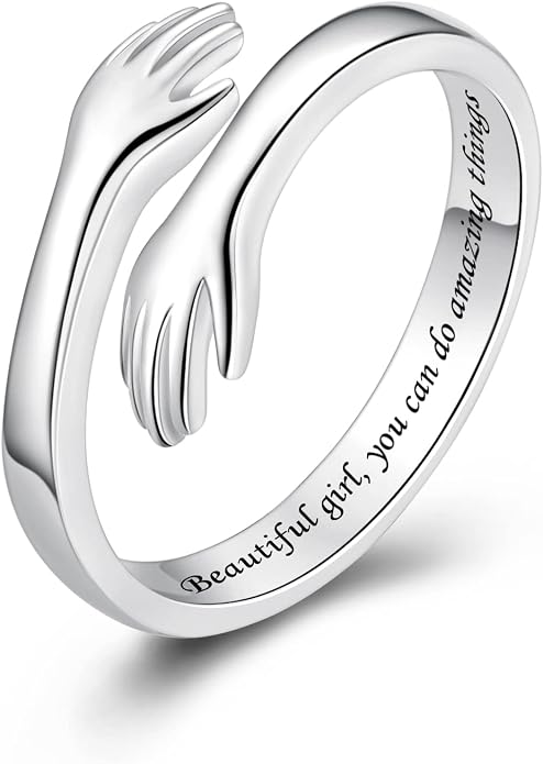 S925 Sterling Silver Hug Rings for Women Teen Girls Adjustable Ring for Granddaughter Daughter Hope Promise Friendship Hand Ring Jewelry for Birthday Graduation Christmas Mothers Day Valentines Gifts