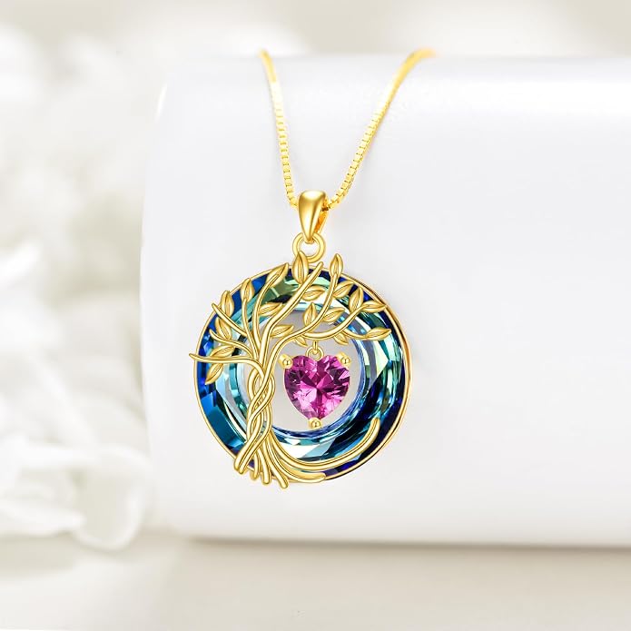 POPLYKE Mothers Day Gifts for Mom Her Wife Tree of Life Necklace 925 Sterling Silver Birthstone Pendant with Crystal Anniversary Birthday Wedding Jewelry for Women