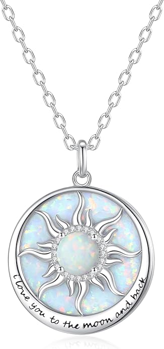 FANCIME Sunflower Necklace with Engraved Messgae 925 Sterling Silver Opal Gemstone Pendant Fine Jewelry Anniversary Birthday Gifts for Women Mom Wife Her, Chain Length 16+2 Inch