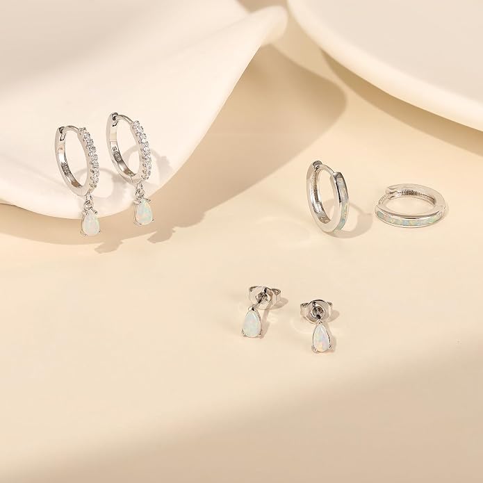 Opal Earrings Set for Women, Birthday Gift for Her, Sterling Silver | 14K Gold Plated, Hypoallergenic S925 Opal Hoop Stud Earrings for Women with Sensitive Ears, Dainty earring Stacks—Trendy Opals Jewelry 2026