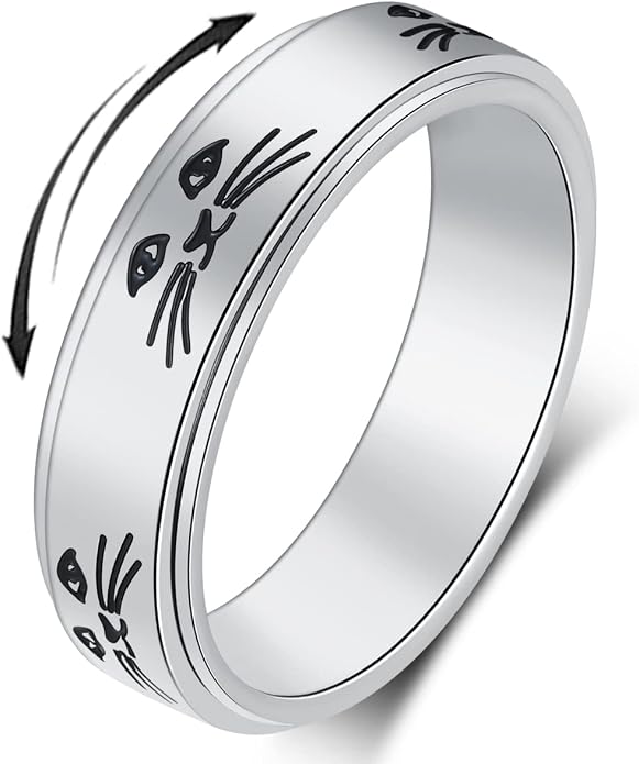 OreilleStar Anxiety Ring for Women Spinner Ring Titanium Stainless Steel Fidget Ring Men 6mm Width With Dog Paw Kitty Cat Face Evil Eye Pattern Spinning Outer Band Size 6 7 8 9 10