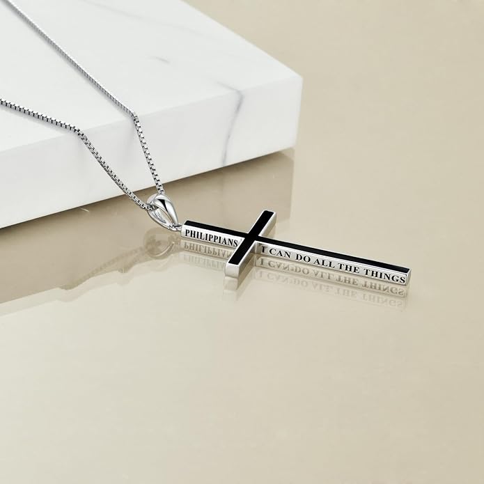 POPLYKE Cross Necklace 925 Sterling Silver Philippians 4:13 I Can Do All The Things Inspirational Necklace Gifts for Women Men 20+2''