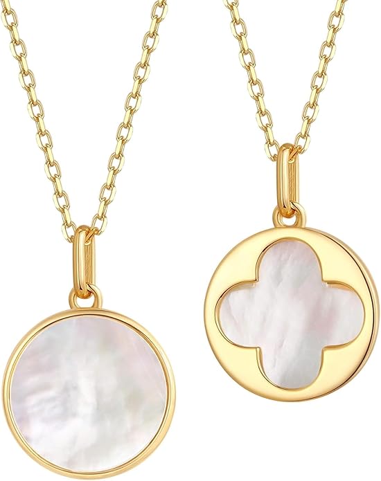 S.Leaf Sterling Silver Pearl Necklace for Women Gold Plated Double-sided Mother of Pearl Four Leaf Clover Shell Necklace Dainty Pendant Necklaces Gift for Women Her Mother Daughter Bridesmaids