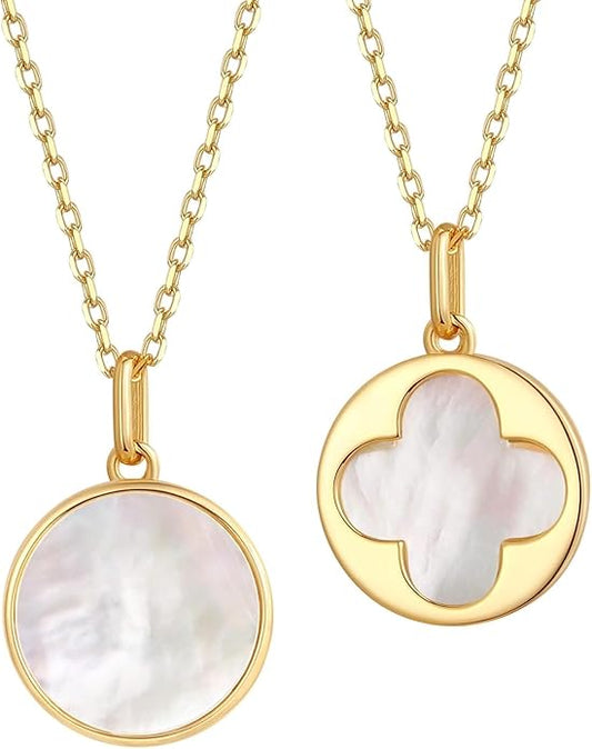 S.Leaf Sterling Silver Pearl Necklace for Women Gold Plated Double-sided Mother of Pearl Four Leaf Clover Shell Necklace Dainty Pendant Necklaces Gift for Women Her Mother Daughter Bridesmaids