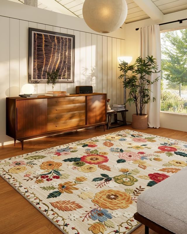 10x12 Area Rugs for Living Room: Large Washable Rug Non Slip Low Pile Soft Faux Wool Non Shedding Lightweight Distressed Vintage Floral Carpet for Bedroom Dining Room Kids Playroom Nursery Farmhouse