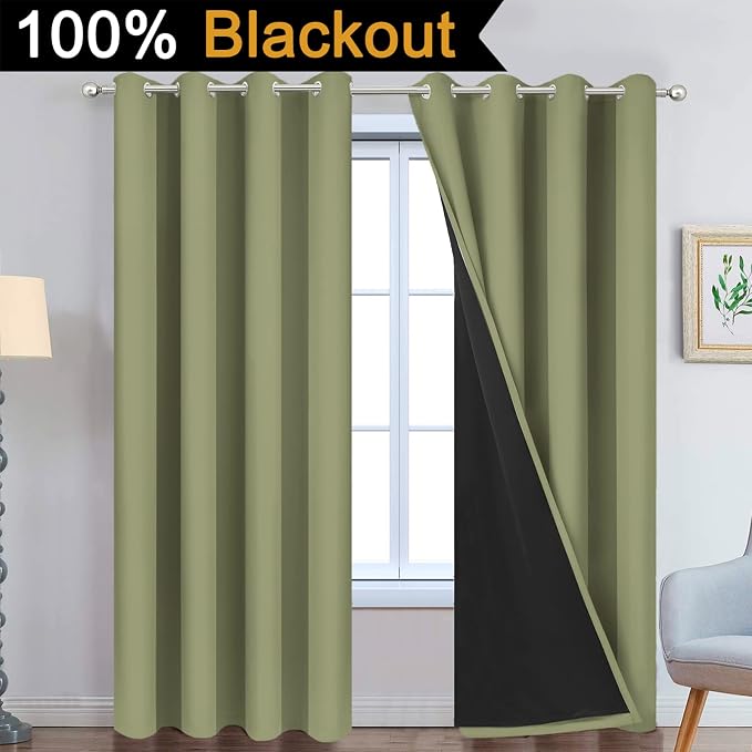 Yakamok Sage Blackout Curtains 84 Inches Long for Bedroom 52" Wide 2 Panel | Blackout Curtain Panels for Bedroom, 2 Thick Layers Grommet Top Thermal Insulated Drapes with Black Liner for Living Room