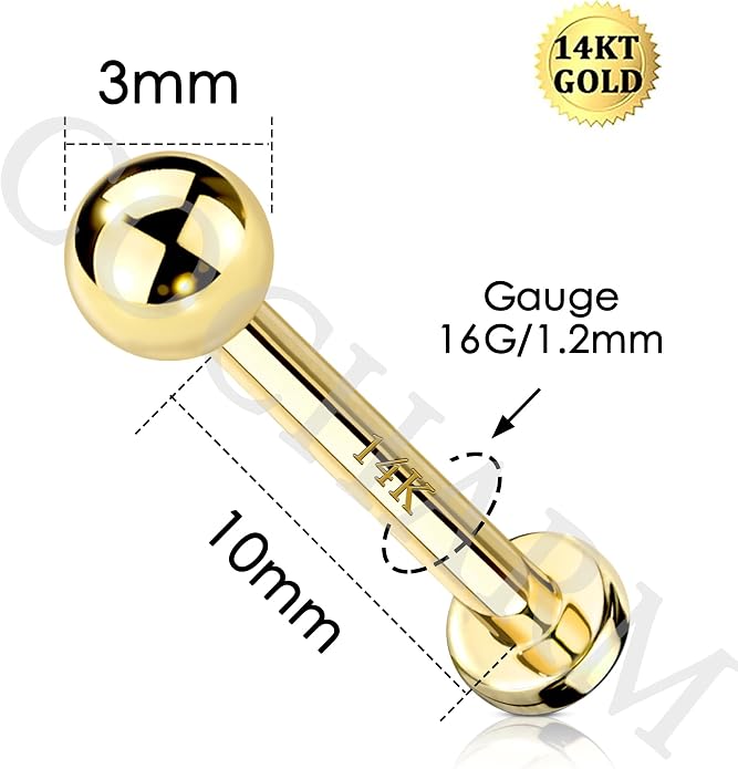 COCHARM 14k Solid Gold 16g Labret Studs Real Yellow Gold Medusa Monroe Madonna Stud Lip Piercing Helix Cartilage Conch Earring Stud