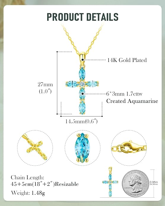 14K Gold Plated 925 Sterling Silver Birthstone Cross Necklace for Women Men