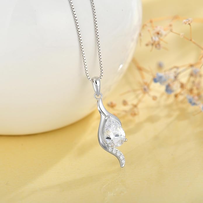 JO WISDOM Birthstone Necklace for Women Teardrop Cubic Zirconia Necklace 925 Sterling Silver Fine Jewelry Birthday Gifts for Women