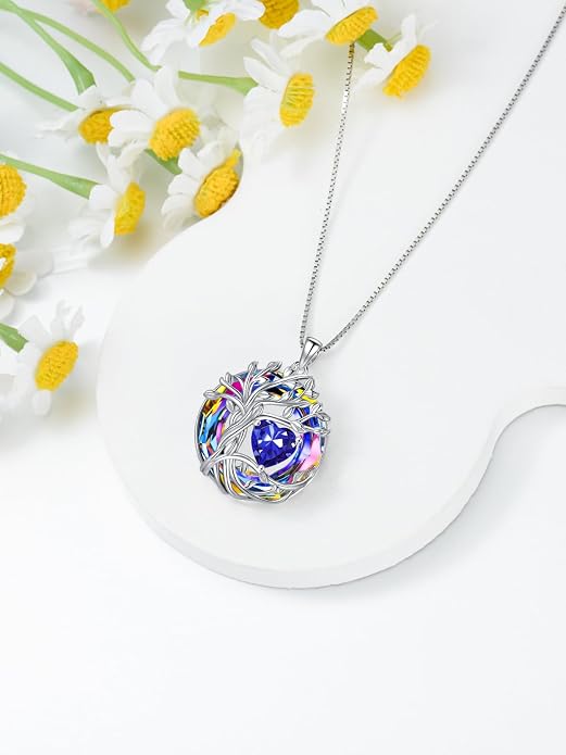TOUPOP Tree of Life Birthstone Necklace Sterling Silver Pendant Birthstone Necklaces with Blue Crystal Anniversary Birthday Jewelry for Women Mom Wife Her