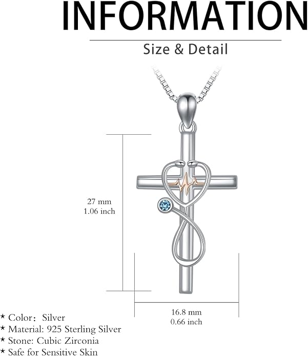 HPQQ Gifts for Nurse Sterling Silver Stethoscope Cross Necklace Nurses Birthstone Jewelry Nursing Themed Medicine Nurses Week Graduation Gifts Doctor Medical Student RN
