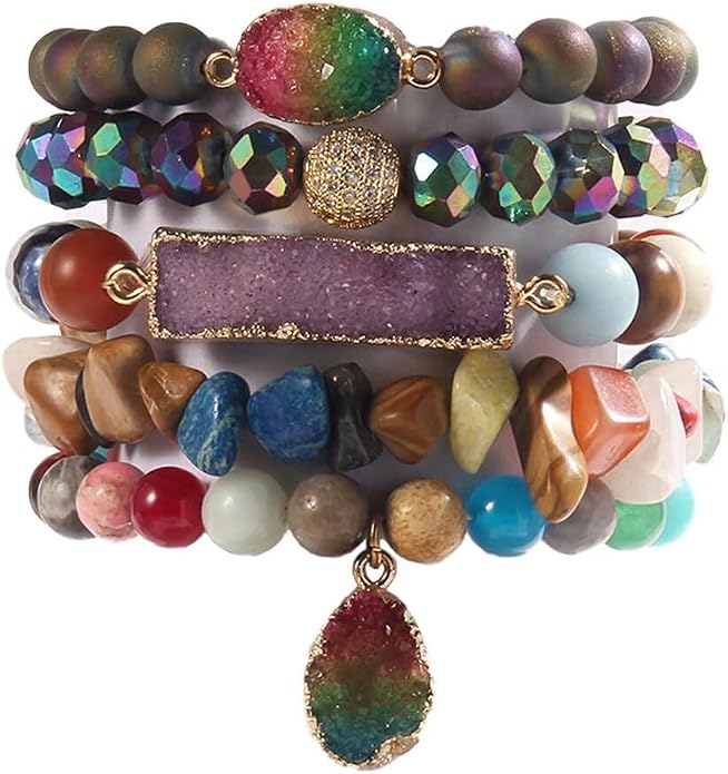 Yomisa 5PCS 6PCS Natural Boho Beaded Bracelets/Bangle for Women Men,Healing Turquoise Jasper Agate Crystal Gemstone Stone Chakra Multilayer Wrap Bohemian Handmade Jewelry Beads Stretch Bracelet Set
