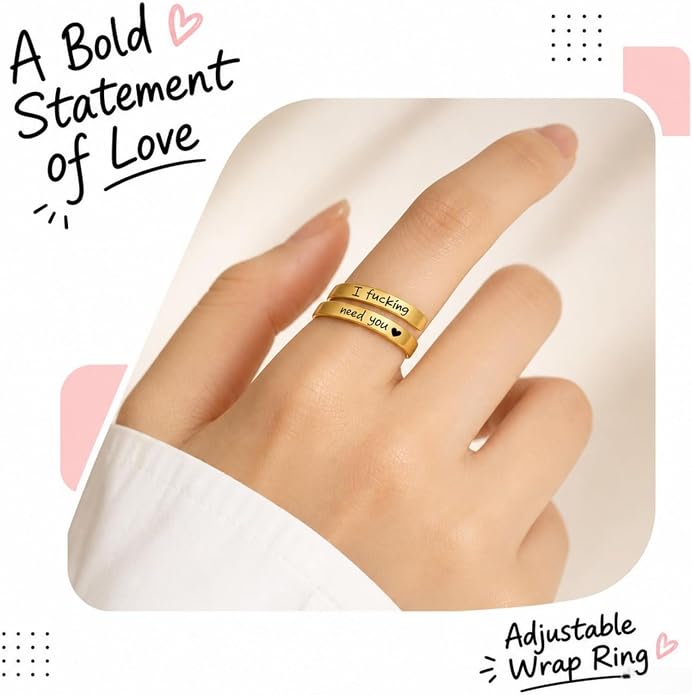 I Fcking Love You Ring, Stainless Steel Engraved Inspirational Words Heart Open Adults Women Vintage Promise Rings Lover Wife Jewelry