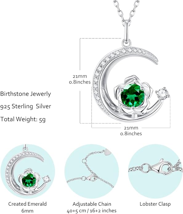Birthstone Necklace for Women Sterling Silver Moon Pendant Necklaces Anniversary Birthday Fine Jewelry Gifts for Her Women Mother, Adjustable Chain