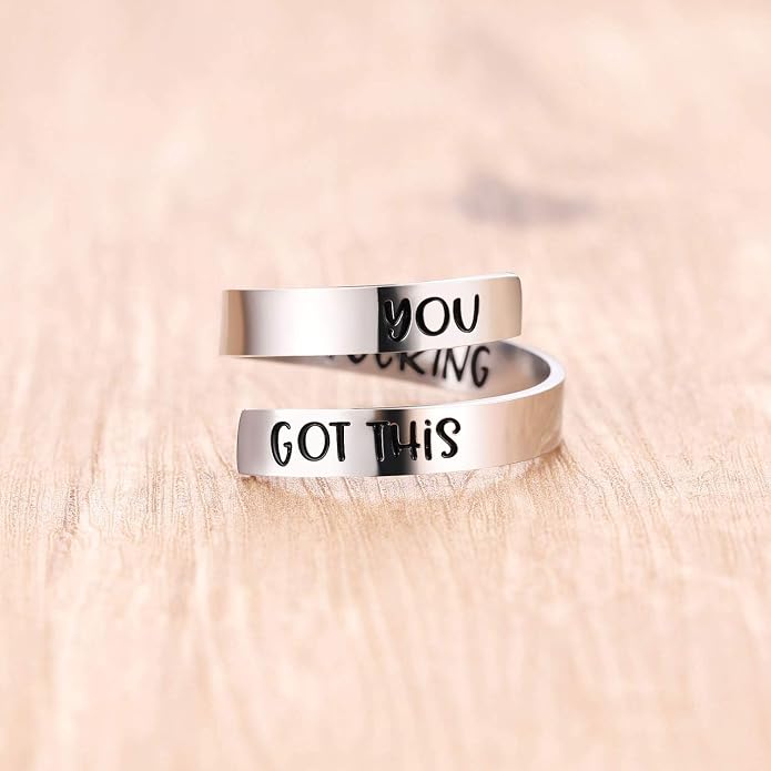 ZRAY Silver Keep Going Ring Inspirational Jewelry Stainless Steel Engraving Size Adjustable Personality Encouragement Gift for Women Teens Girls