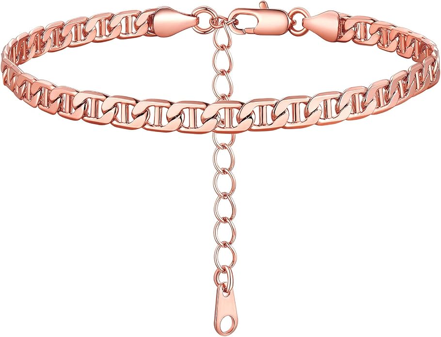 FOCALOOK 14K Gold Plated Anklets for Women Waterproof Plus Size Ankle Bracelet 8.5-10.5 Inch Adjustable Mariner/Figaro/Flat Snake/Cuban Link Chain Anklet Jewelry for Summer Beach Holiday