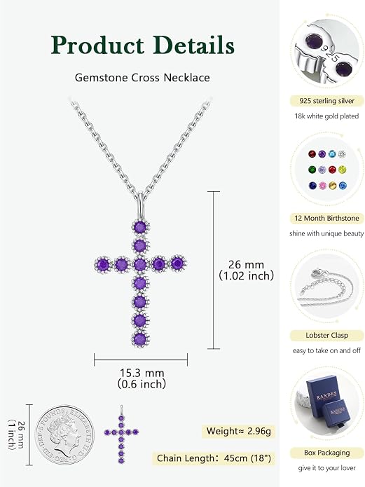 Sterling Silver Cross Necklace for Women Birthstone Religious Jewelry