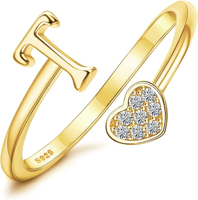 MILACOLATO 925 Sterling Silver Initial Rings for Women Teen Girl 18K Gold Plated Heart Initial Rings Adjustable Capital Letter Ring Stackable Thumb Pinky Rings for Daughter Birthday Bridesmaid Gifts Jewelry, A to Z
