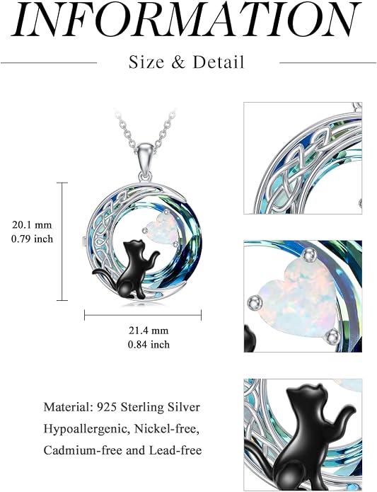 TOUPOP Cat Gifts for Cats Lovers 925 Sterling Silver Black Cat Necklace Celtic Moon Birthstone Jewelry for Women Anniversary Birthday Gift for Her Wife Mom