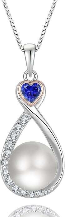 Heart Birthstone Pearl Pendant Necklace, 925 Sterling Silver Infinity Necklace with 10mm Freshwater Cultured Pearl & 4mm Gemstone Jewelry for Women