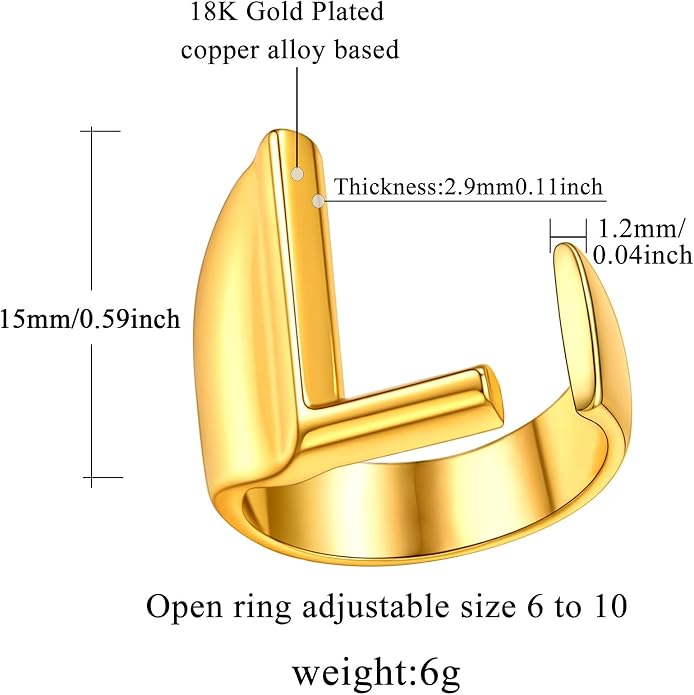 FindChic Customizable Initial Ring Statement 18K Gold Plated Fashion Cuff Rings for Women Alphabet Letter A to Z Resizable Knuckle Ring (with Gift Box)