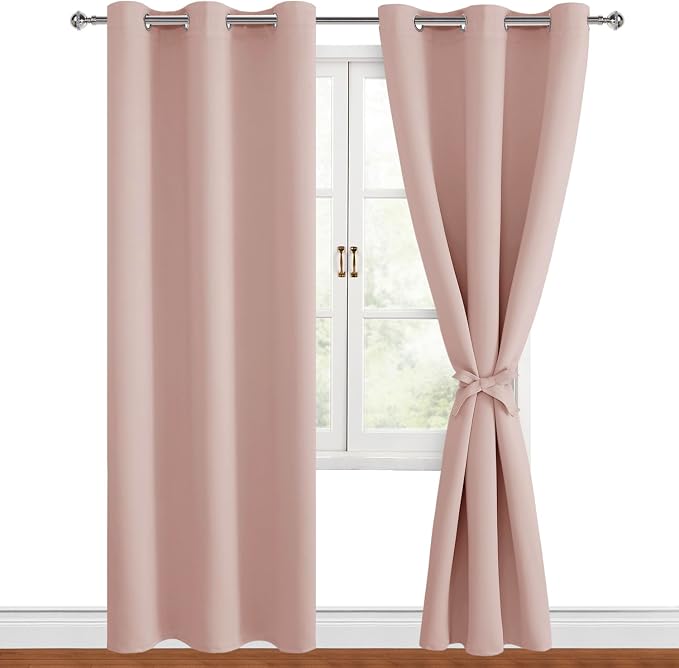 Hiasan Grommet Blackout Curtains for Bedroom, 42 x 84 Inches Long - Thermal Insulated Light Blocking Window Curtains for Living Room, 2 Drape Panels Sewn with Tiebacks, Blush