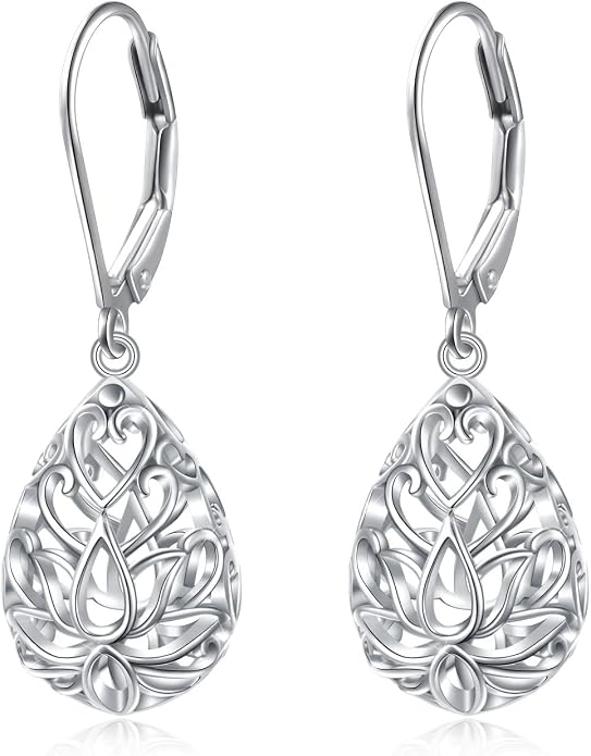925 Sterling Silver Filigree Dangle Drop Earrings Daisy/Lotus/Rose Flower/Moonstone Leverback Teardrop Earrings for Women Infinity Celtic Knot Daisy Lotus Jewelry for Mothers Day