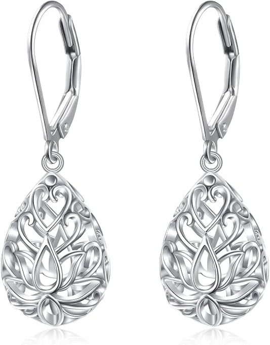 925 Sterling Silver Filigree Dangle Drop Earrings Daisy/Lotus/Rose Flower/Moonstone Leverback Teardrop Earrings for Women Infinity Celtic Knot Daisy Lotus Jewelry for Mothers Day