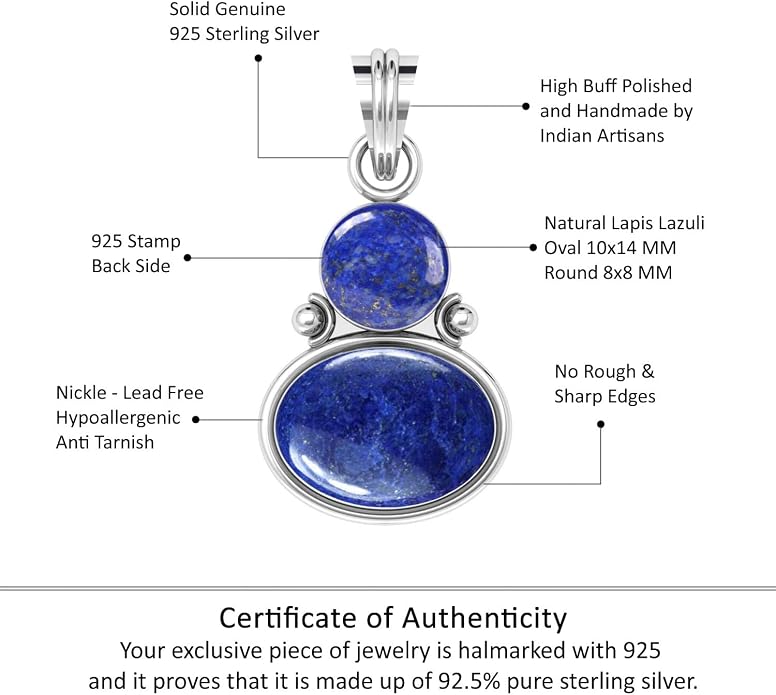 Handmade Genuine 925 Sterling Silver Pendant Necklace Natural Gemstone Crystal, Lapis, Onyx, Amber Oval Round Boho Jewelry For Women