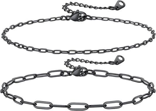 KeyStyle Paperclip Ankle Bracelets for Women, 14k Gold Plated Cuban Chain Rope LInk Anklets Sets, Stainless Steel Figaro Layered Anklet Pack Summer Jewelry(2PCS, 3PCS)